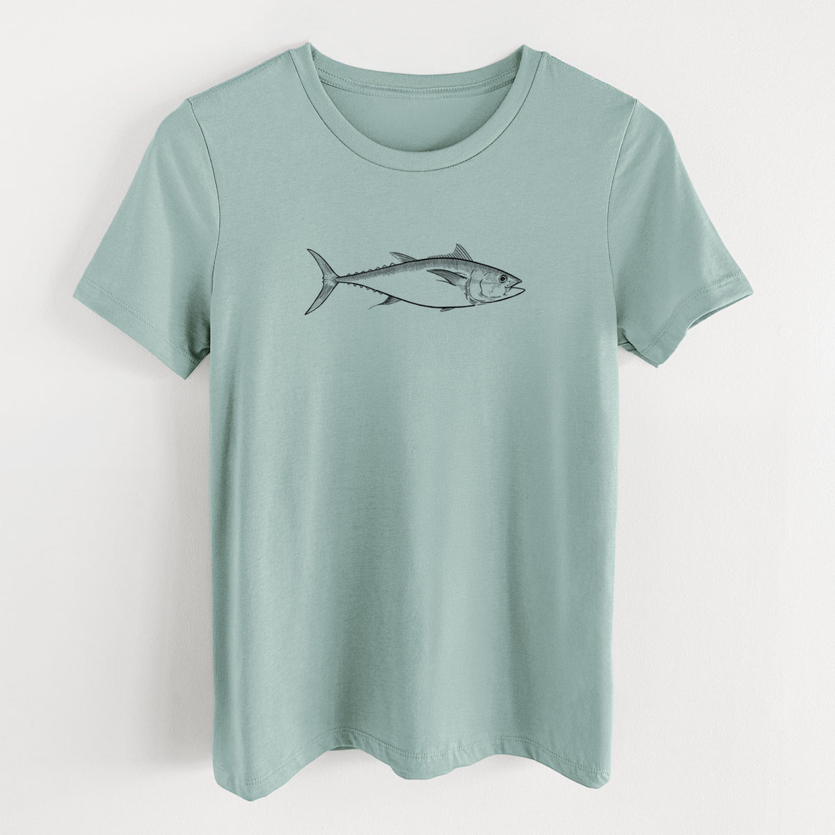 Dusty blue women's relaxed fit cotton t-shirt laid flat, printed with a black ink line drawing of a bluefin tuna swimming.