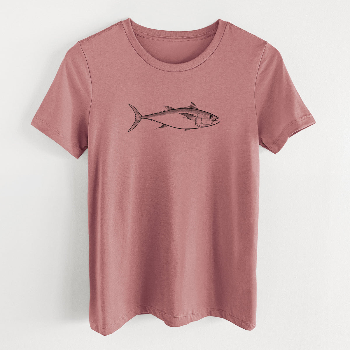 Mauve pink women's relaxed fit cotton t-shirt laid flat, printed with a black ink line drawing of a bluefin tuna swimming.