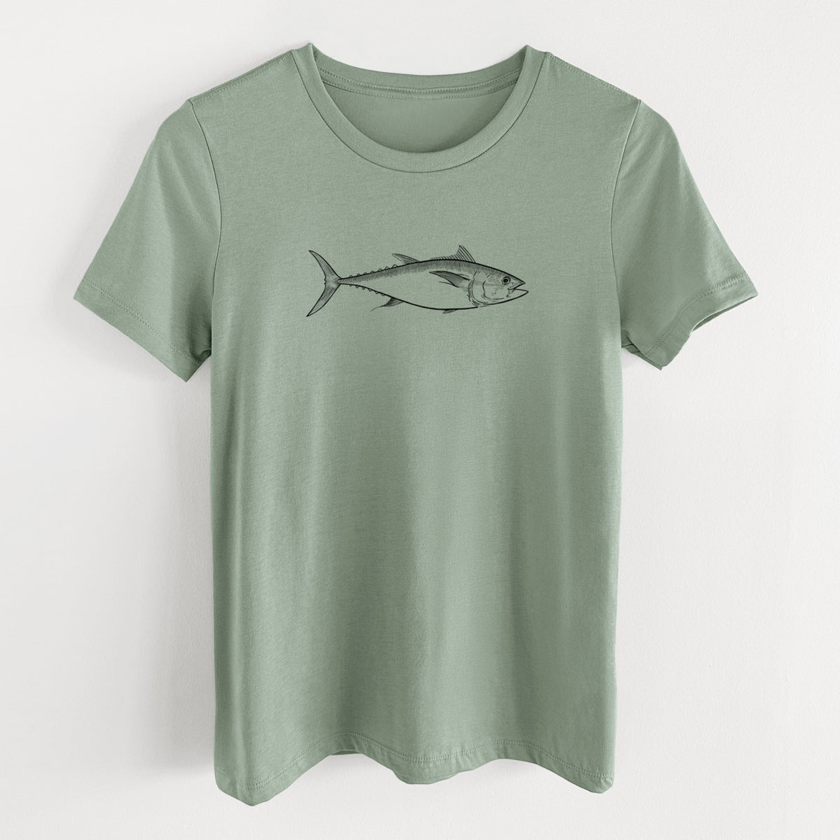 Sage green women's relaxed fit cotton t-shirt laid flat, printed with a black ink line drawing of a bluefin tuna swimming.