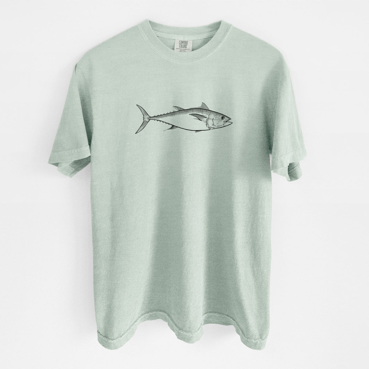 Bay green Comfort Colors t-shirt laid flat, printed with a black ink line drawing of a bluefin tuna swimming.
