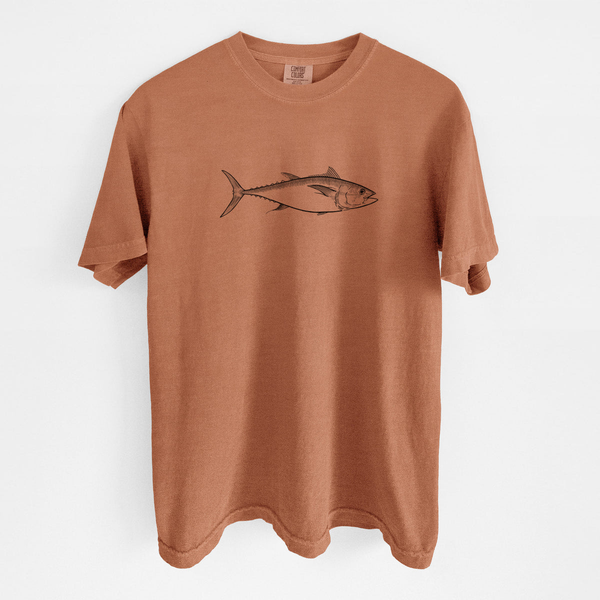 Yam burnt orange Comfort Colors t-shirt laid flat, printed with a black ink line drawing of a bluefin tuna swimming.
