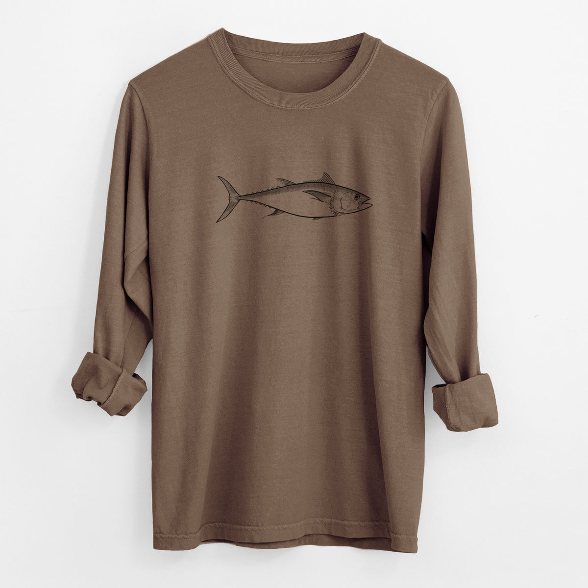 Espresso brown Comfort Colors long sleeve shirt laid flat with the cuffs rolled, printed with a black ink line drawing of a bluefin tuna swimming.