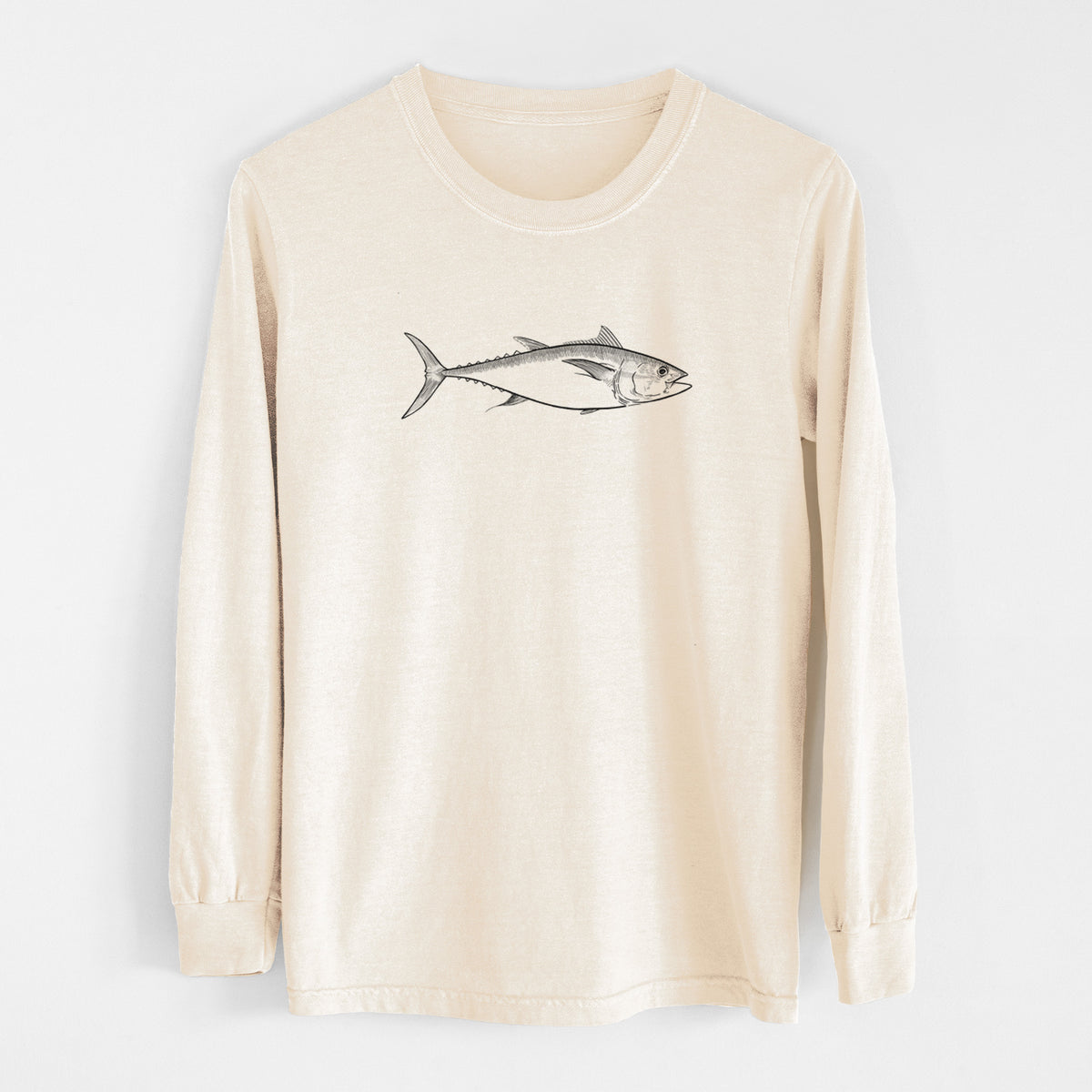 Ivory Comfort Colors long sleeve shirt laid flat, printed with a black ink line drawing of a bluefin tuna swimming.