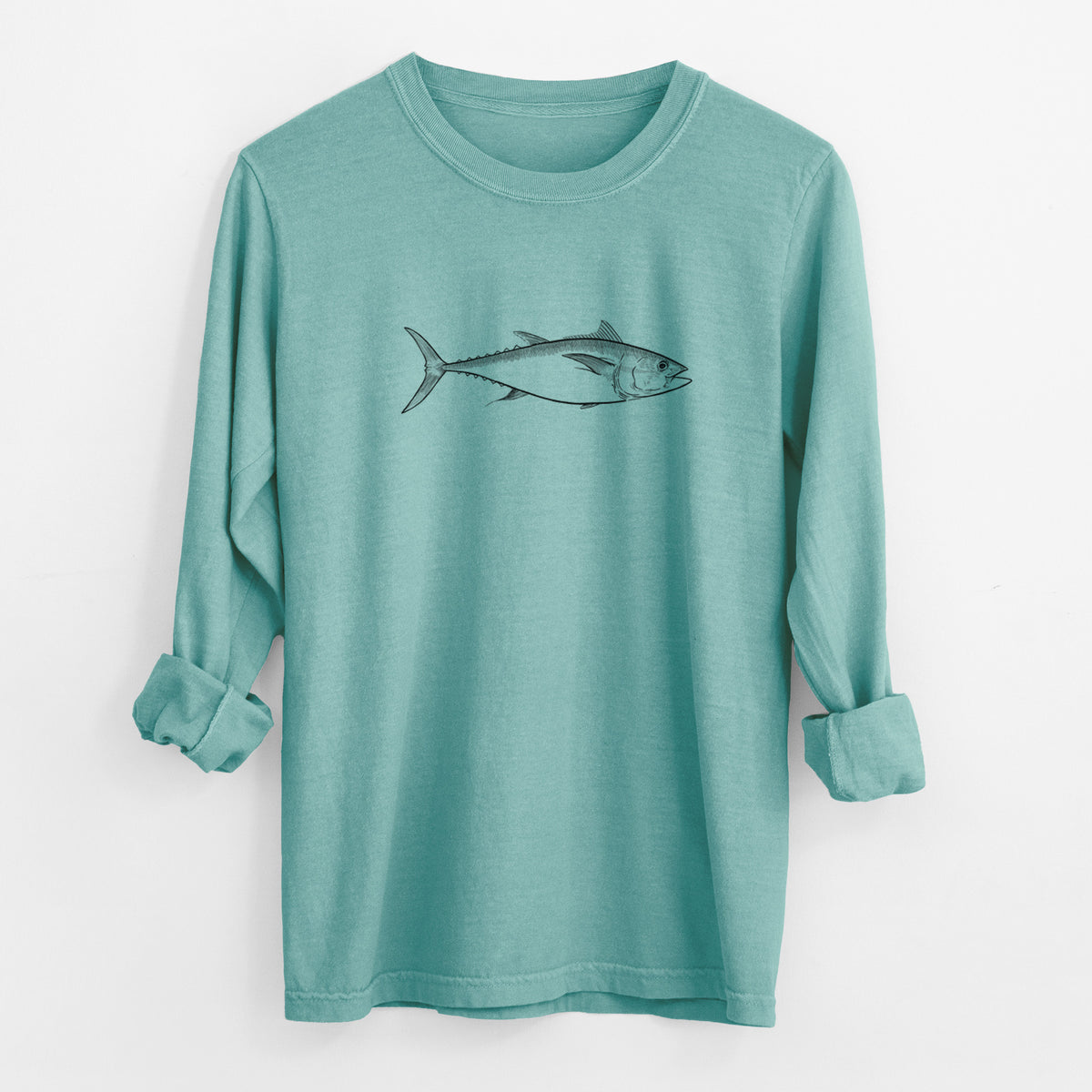 Reef green Comfort Colors long sleeve shirt laid flat with the cuffs rolled, printed with a black ink line drawing of a bluefin tuna swimming.