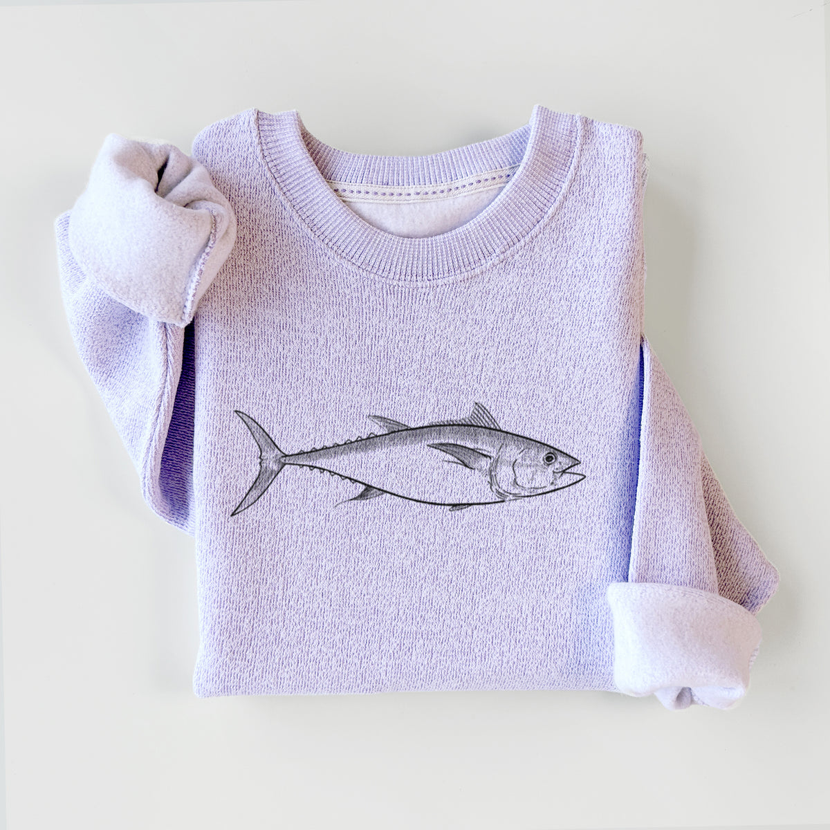 Ice purple knit sweatshirt printed with a black ink line drawing of a bluefin tuna swimming, styled flat.