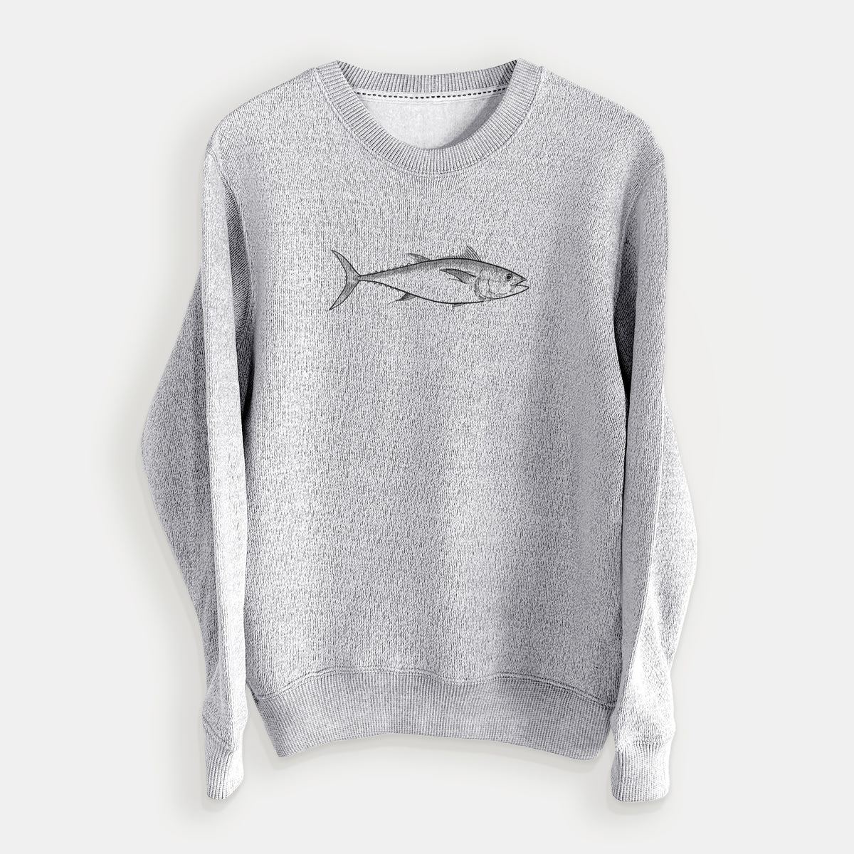 Salt and pepper knit sweatshirt laid flat, printed with a black ink line drawing of a bluefin tuna swimming.