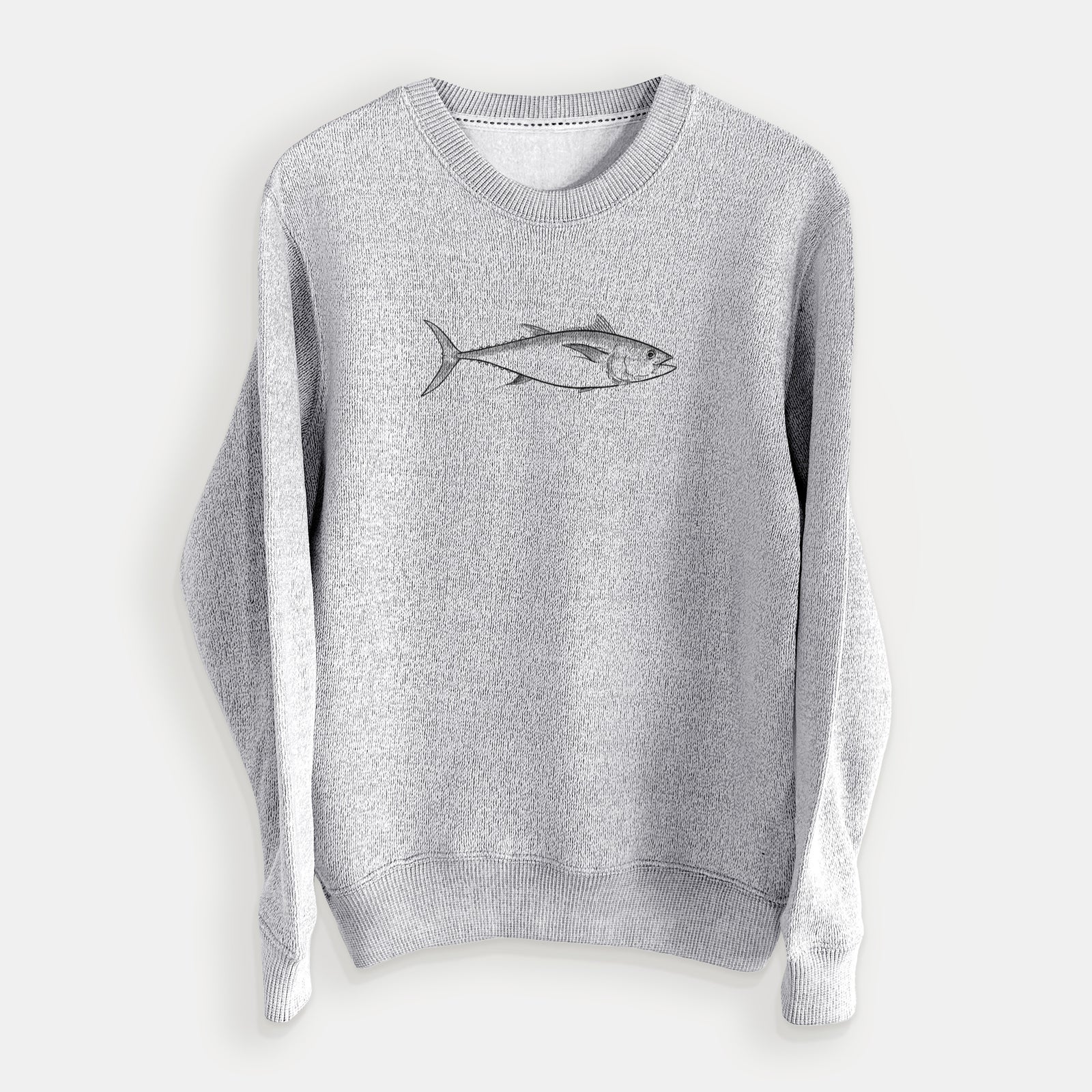 Salt and pepper knit sweatshirt laid flat, printed with a black ink line drawing of a bluefin tuna swimming.