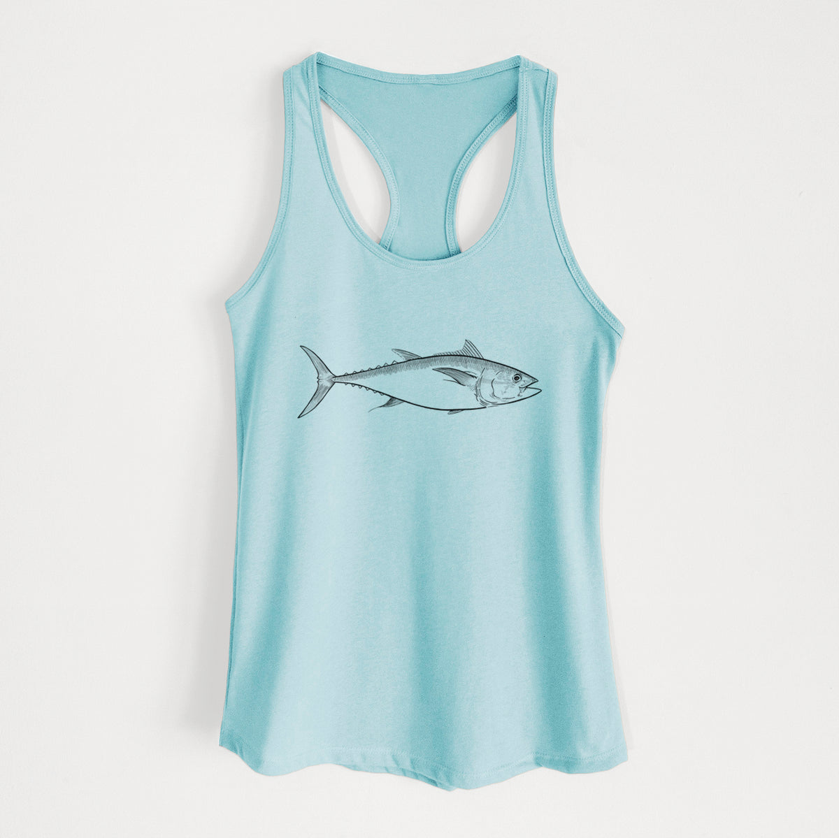 Cancun blue women's racerback tank top laid flat, printed with a black ink line drawing of a bluefin tuna swimming.
