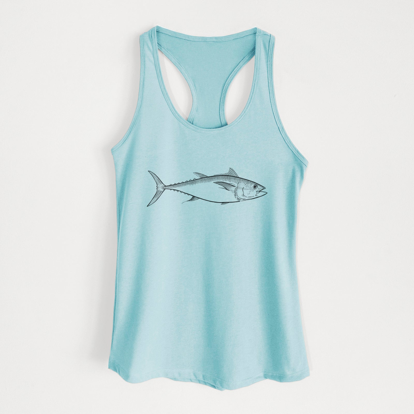 Banana cream women's racerback tank top laid flat, printed with a black ink line drawing of a bluefin tuna swimming.