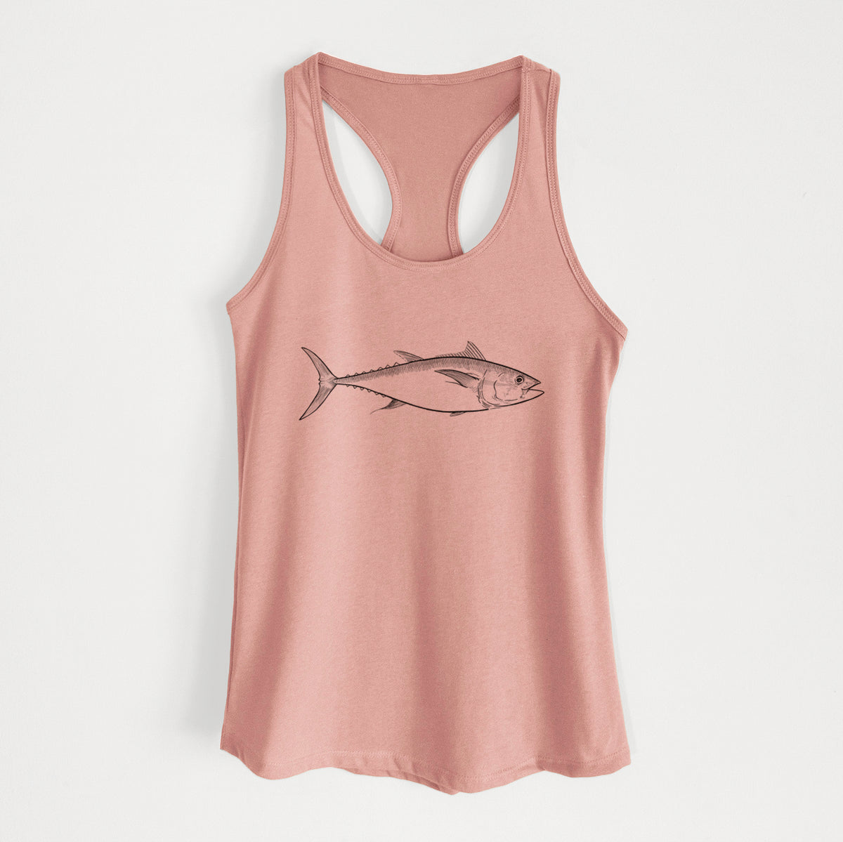 Desert pink women's racerback tank top laid flat, printed with a black ink line drawing of a bluefin tuna swimming.