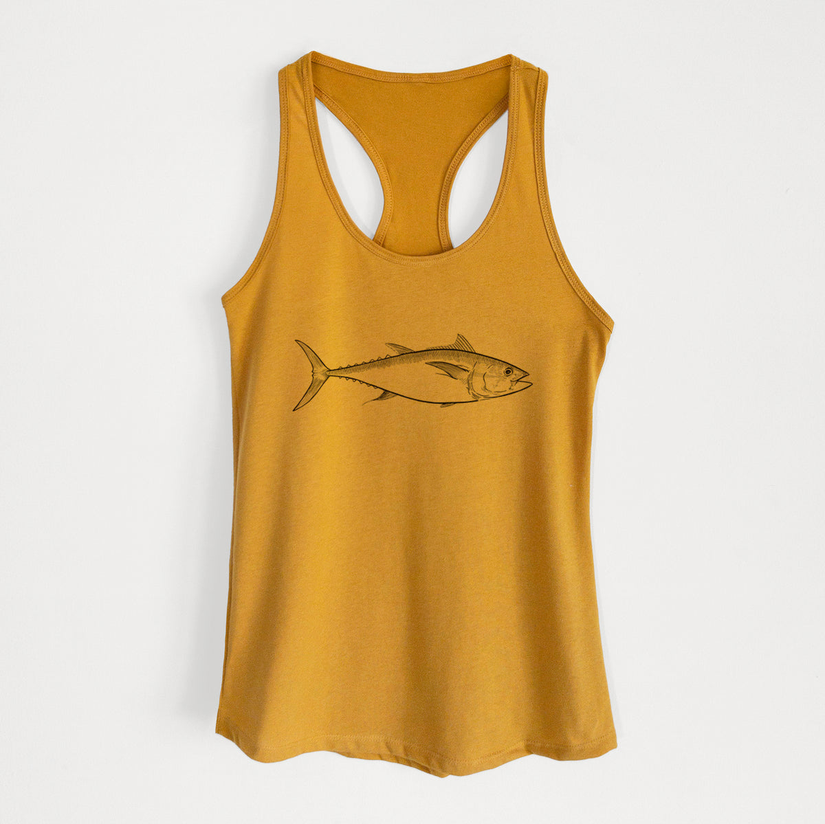Gold women's racerback tank top laid flat, printed with a black ink line drawing of a bluefin tuna swimming.