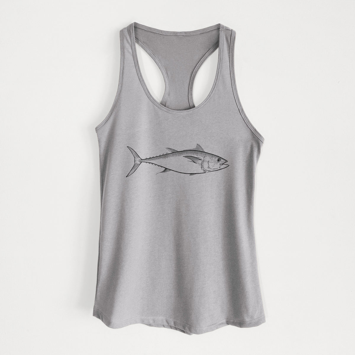 Heather grey women's racerback tank top laid flat, printed with a black ink line drawing of a bluefin tuna swimming.