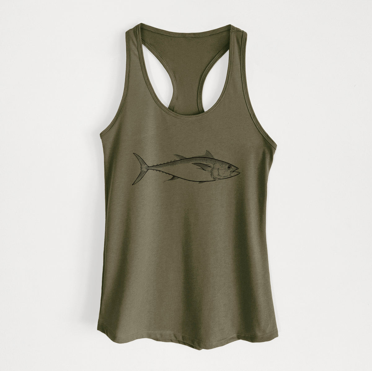 Military green women's racerback tank top laid flat, printed with a black ink line drawing of a bluefin tuna swimming.
