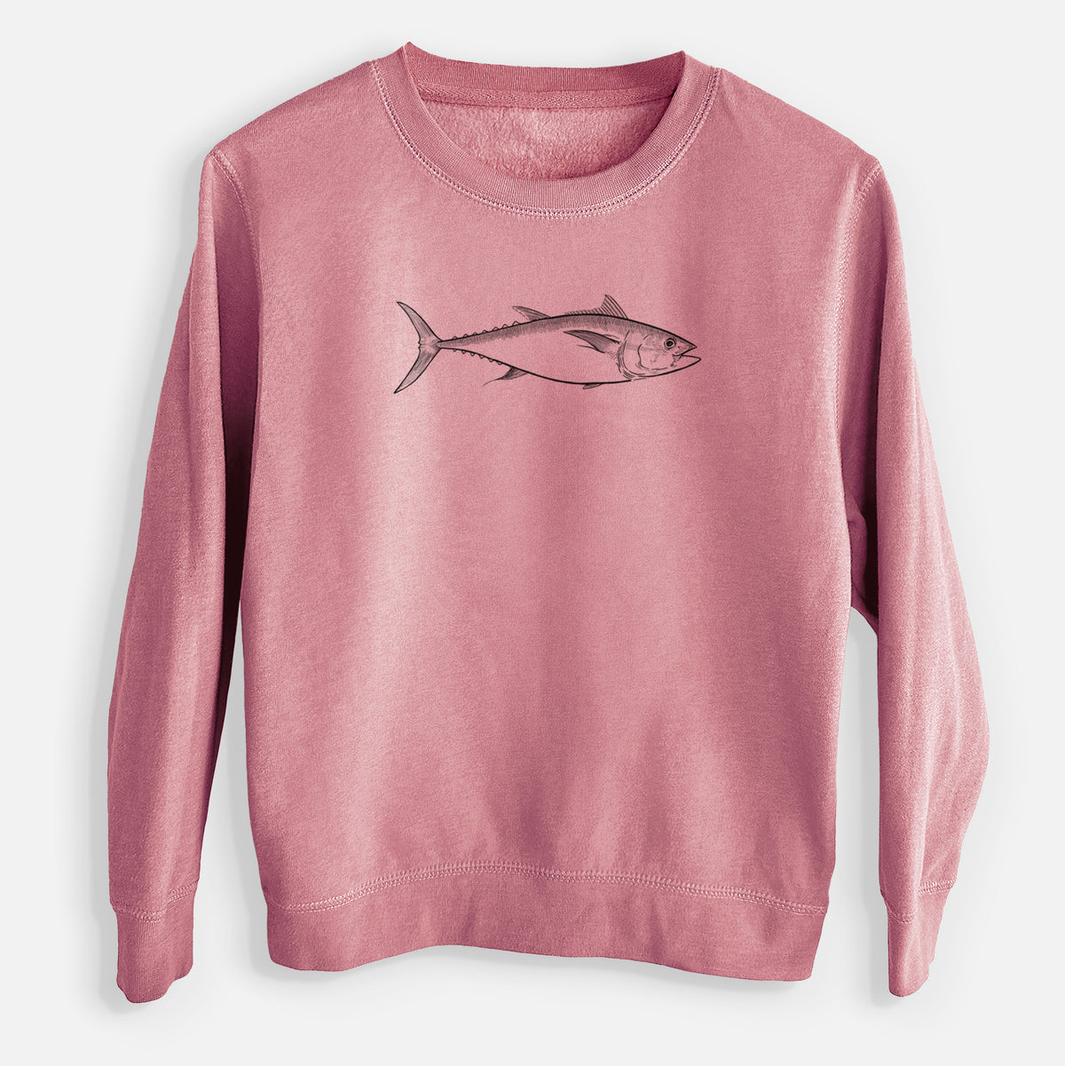 Mauve pink youth crewneck sweatshirt laid flat, printed with a black ink line drawing of a bluefin tuna swimming.