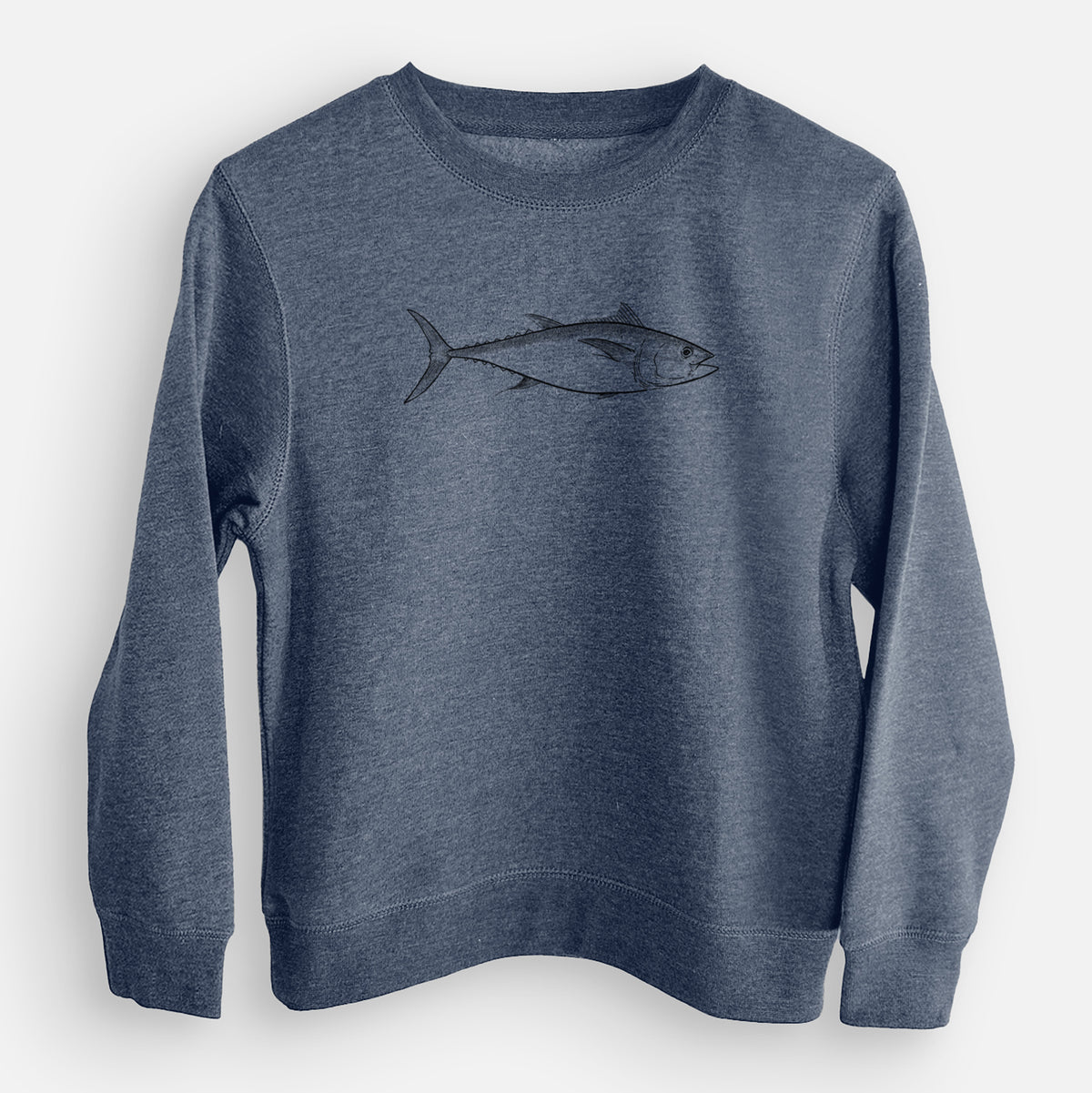 Storm blue youth crewneck sweatshirt laid flat, printed with a black ink line drawing of a bluefin tuna swimming.
