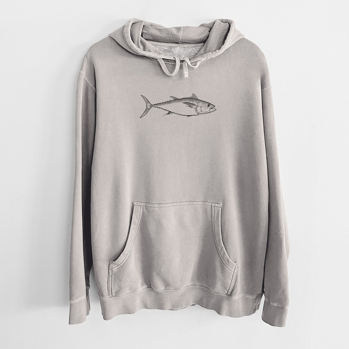 Cement grey pigment dyed hoodie laid flat, printed with a black ink line drawing of a bluefin tuna swimming.