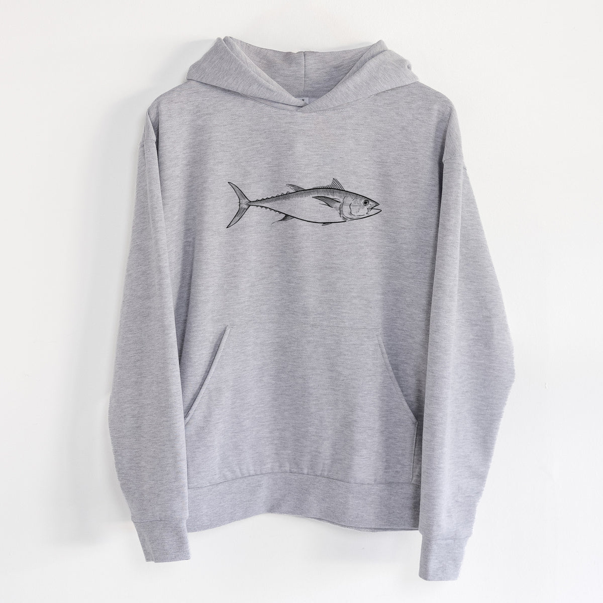 Atlantic Bluefin Tuna - Thunnus thynnus - Statement Midweight Hoodie in Heather Grey, hanging on a white wall, with a front kangaroo pocket and no drawcords.