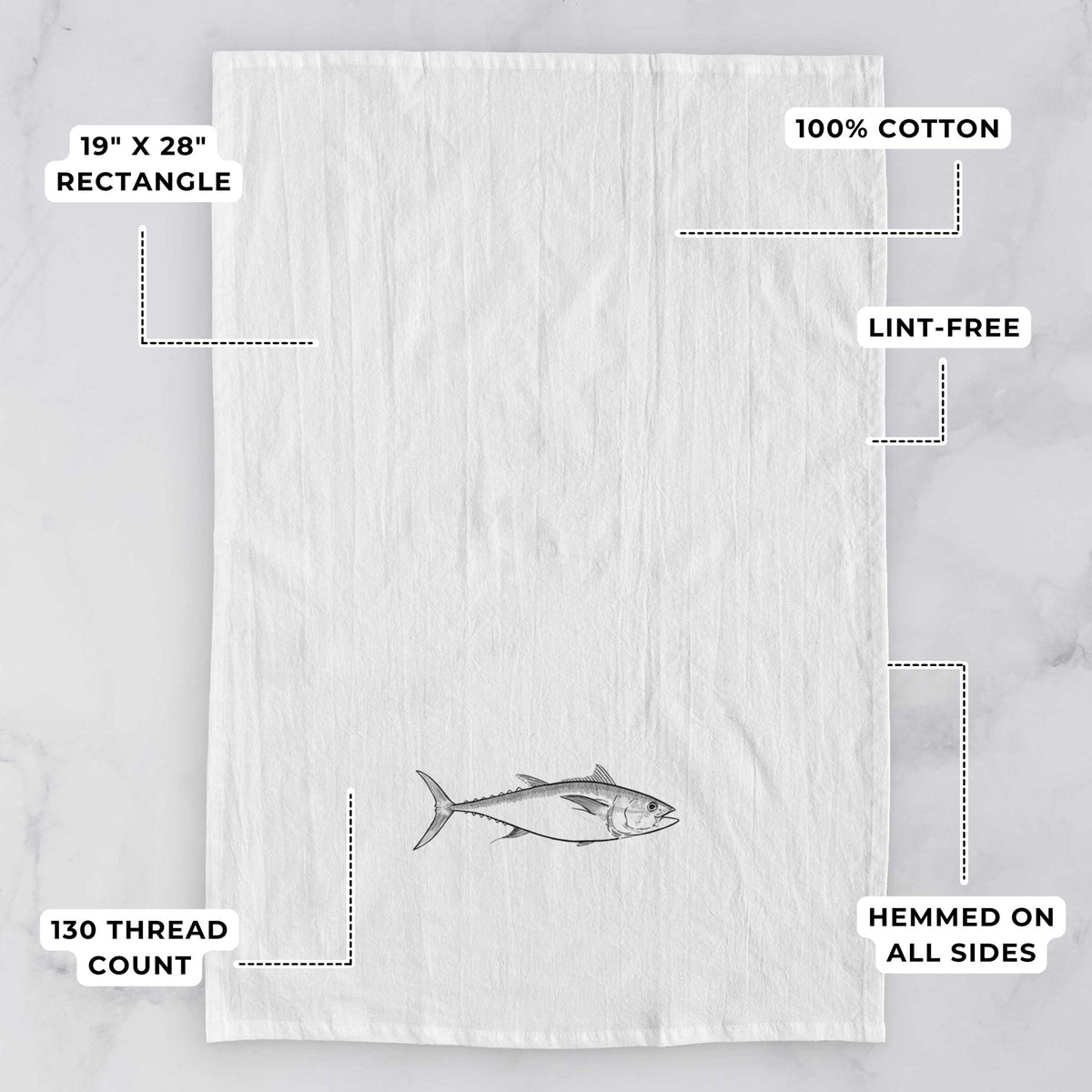 White tea towel printed with a black ink line drawing of a bluefin tuna swimming, with feature labels: 19 by 28 inch rectangle, 100% cotton, lint-free, 130 thread count, hemmed on all sides.
