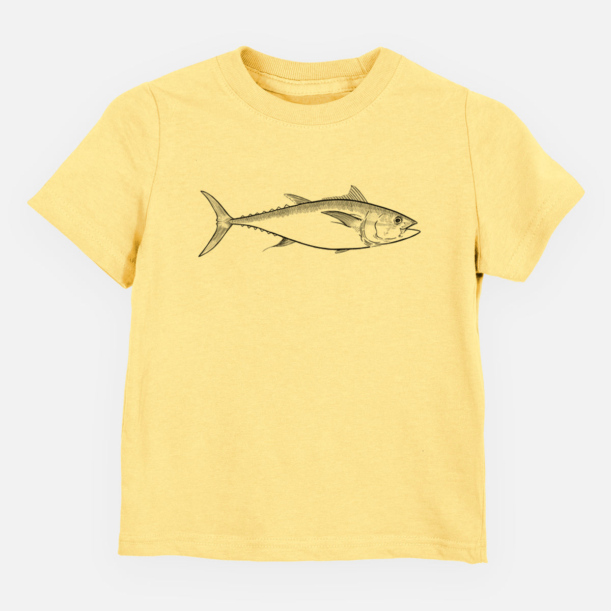 Butter yellow toddler t-shirt laid flat, printed with a black ink line drawing of a bluefin tuna swimming.
