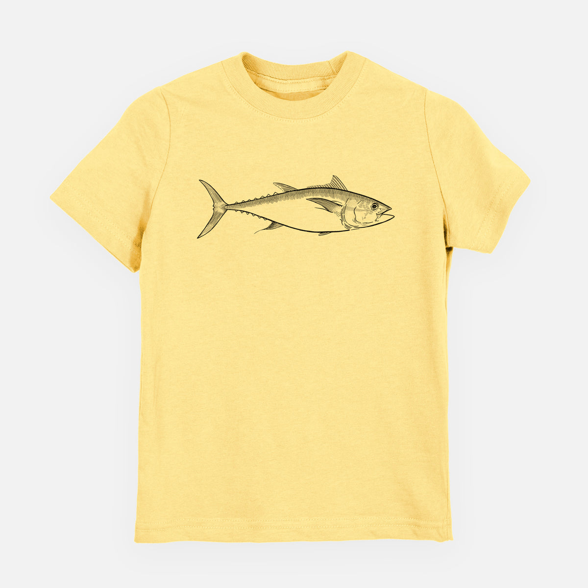 Butter yellow youth t-shirt laid flat, printed with a black ink line drawing of a bluefin tuna swimming.