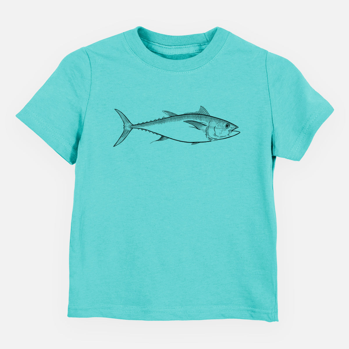 Caribbean blue toddler t-shirt laid flat, printed with a black ink line drawing of a bluefin tuna swimming.