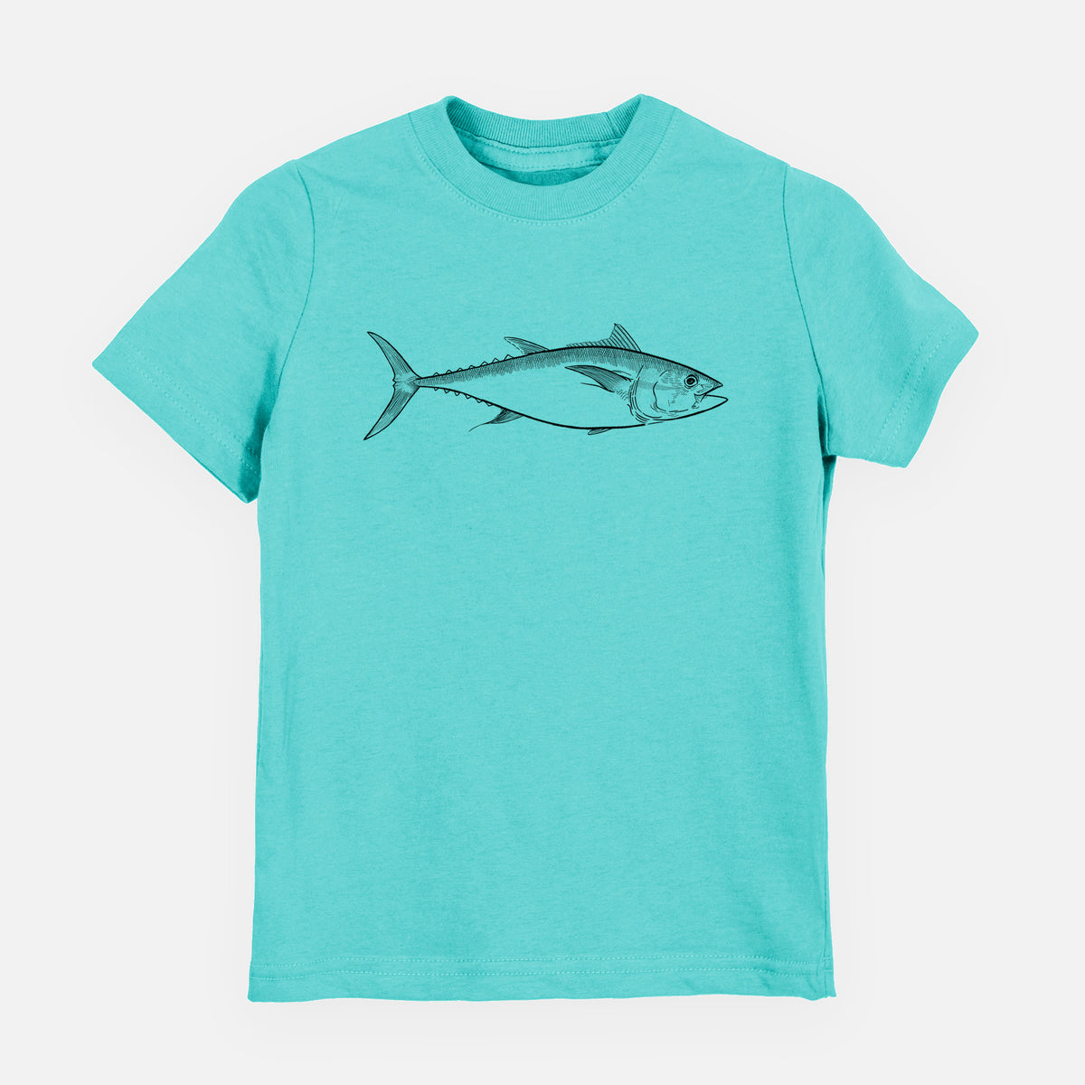 Caribbean blue youth t-shirt laid flat, printed with a black ink line drawing of a bluefin tuna swimming.
