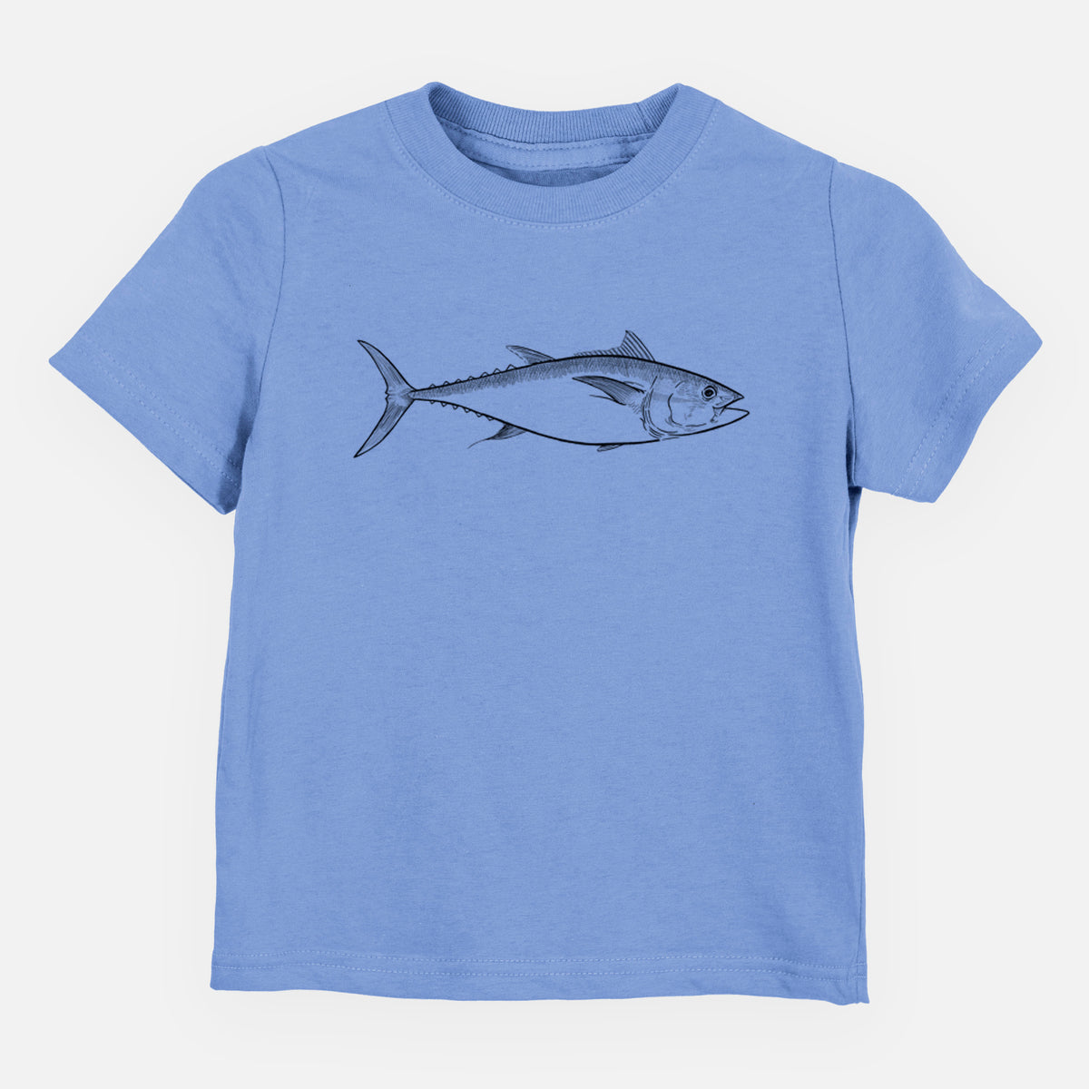 Carolina blue toddler t-shirt laid flat, printed with a black ink line drawing of a bluefin tuna swimming.