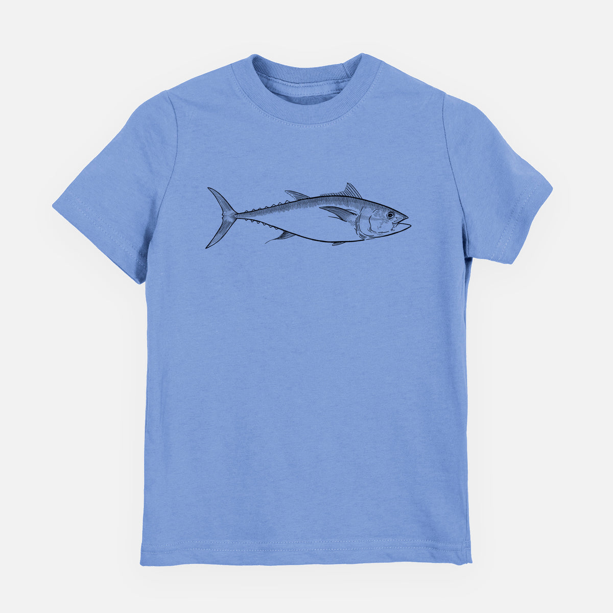 Carolina blue youth t-shirt laid flat, printed with a black ink line drawing of a bluefin tuna swimming.
