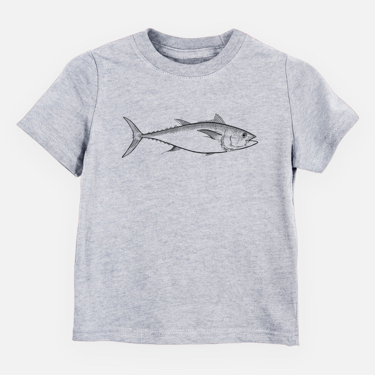 Heather grey toddler t-shirt laid flat, printed with a black ink line drawing of a bluefin tuna swimming.