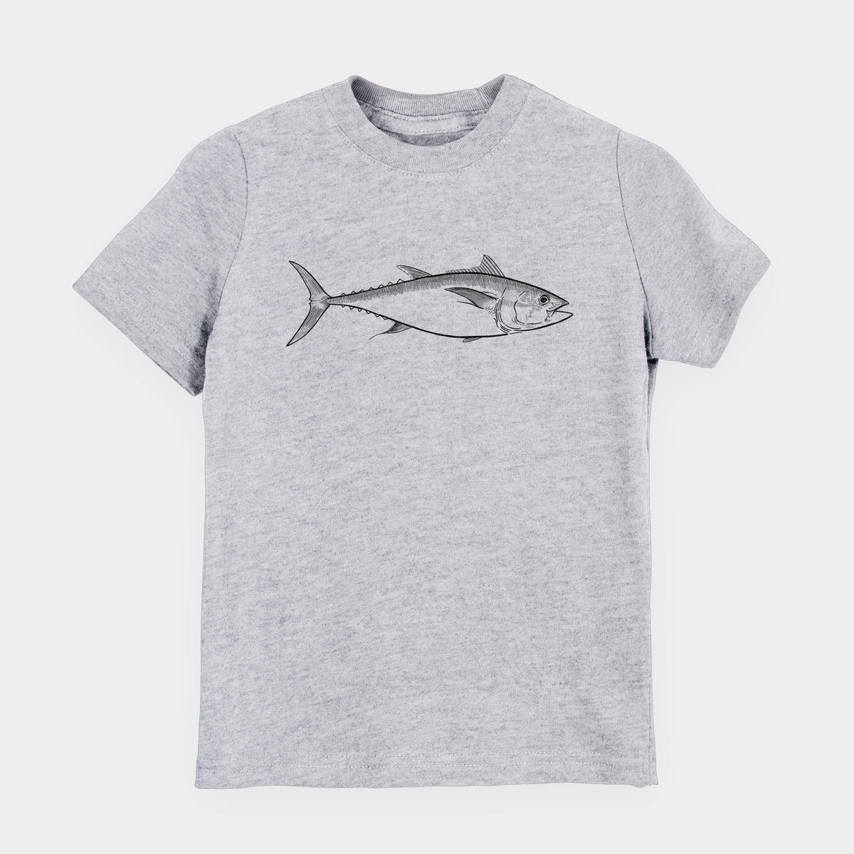Heather grey youth t-shirt laid flat, printed with a black ink line drawing of a bluefin tuna swimming.