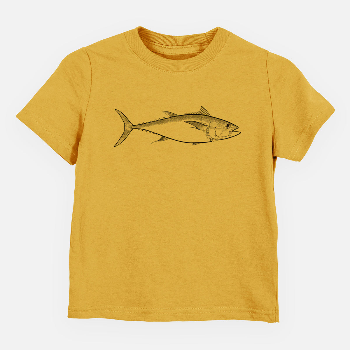 Honeycomb yellow toddler t-shirt laid flat, printed with a black ink line drawing of a bluefin tuna swimming.