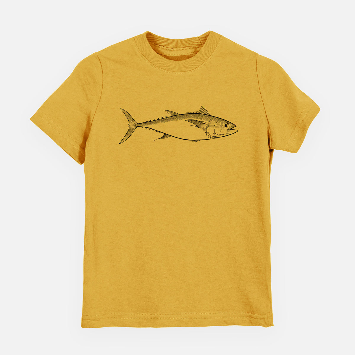 Honeycomb yellow youth t-shirt laid flat, printed with a black ink line drawing of a bluefin tuna swimming.