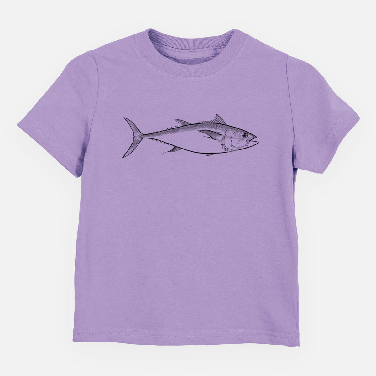 Lavender toddler t-shirt laid flat, printed with a black ink line drawing of a bluefin tuna swimming.