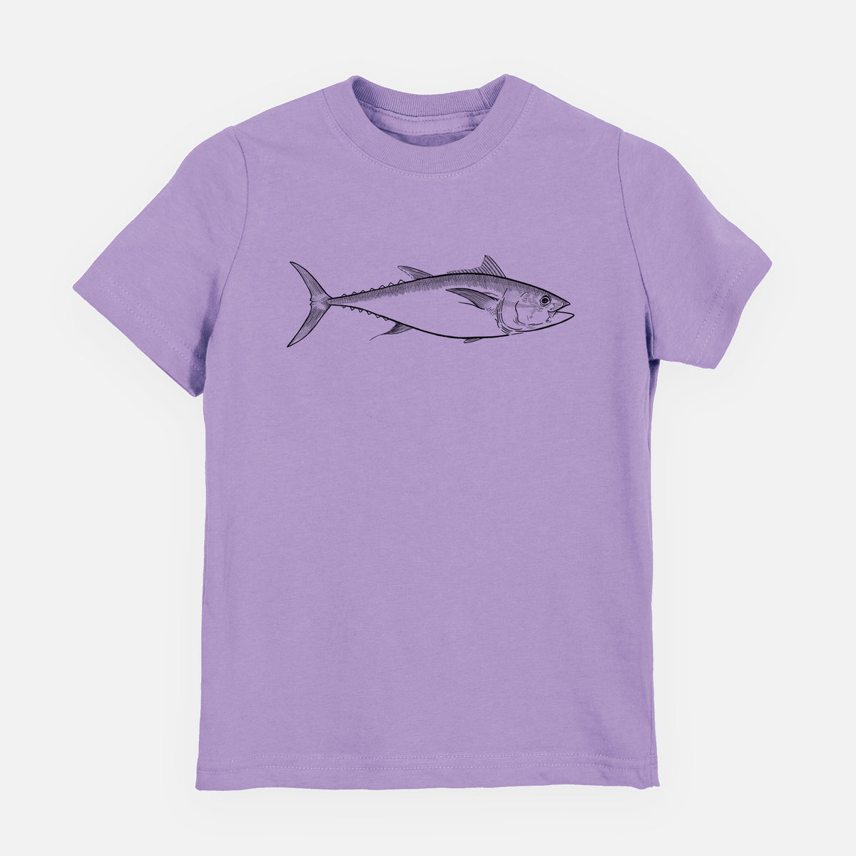 Lavender youth t-shirt laid flat, printed with a black ink line drawing of a bluefin tuna swimming.