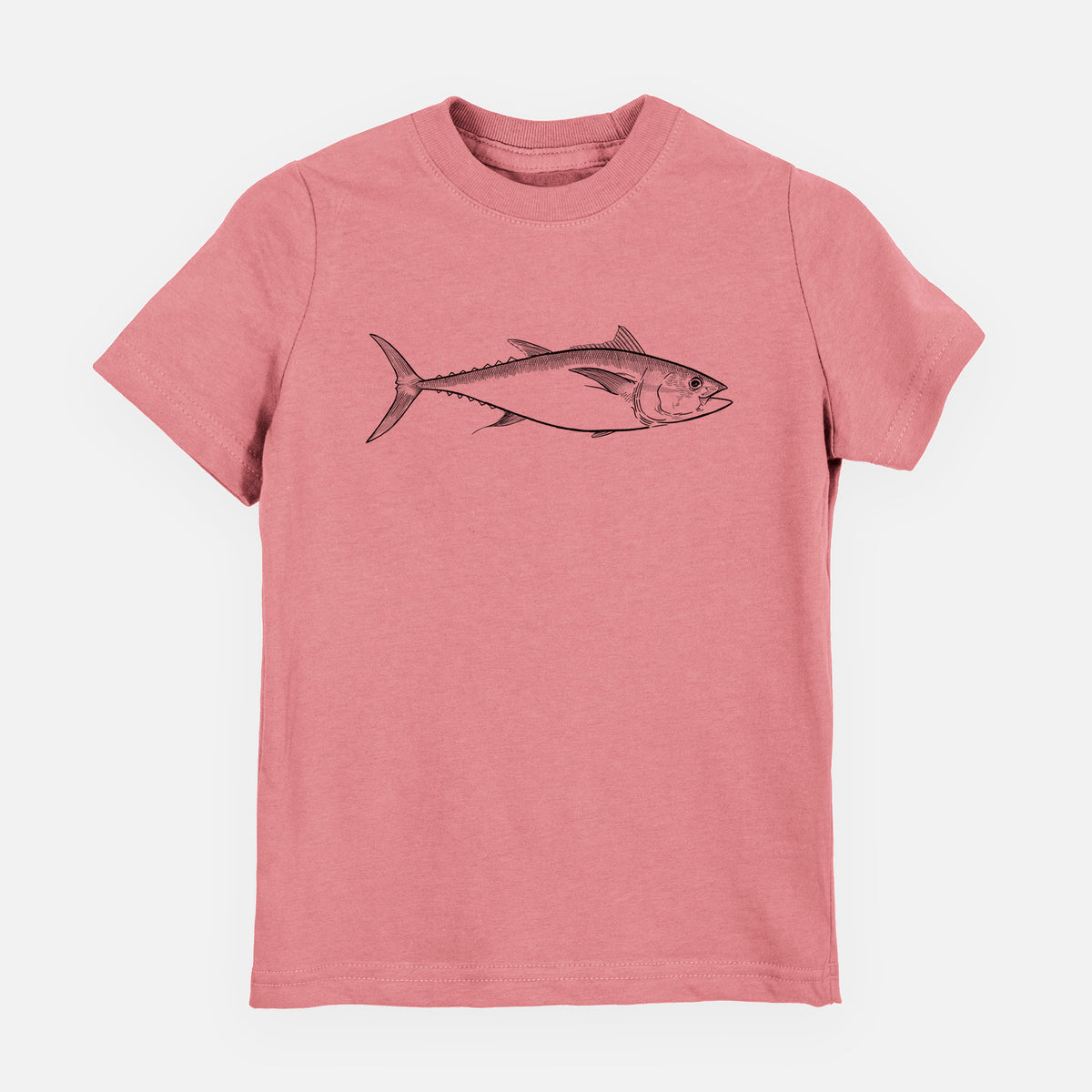 Mauve pink youth t-shirt laid flat, printed with a black ink line drawing of a bluefin tuna swimming.