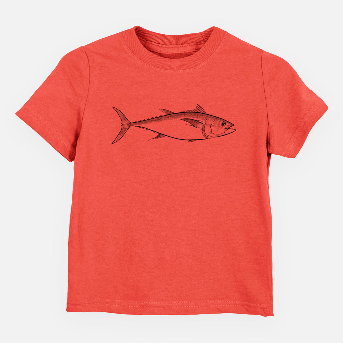 Passionfruit pink toddler t-shirt laid flat, printed with a black ink line drawing of a bluefin tuna swimming.