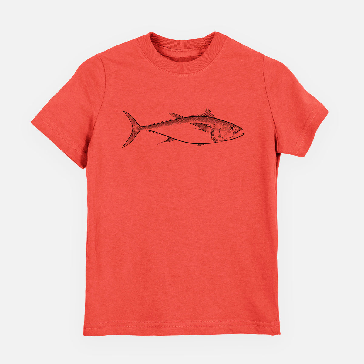 Passionfruit pink youth t-shirt laid flat, printed with a black ink line drawing of a bluefin tuna swimming.