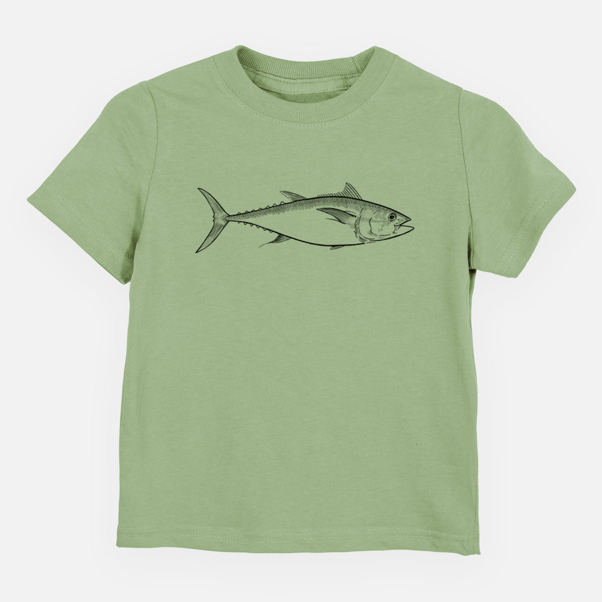 Sage green toddler t-shirt laid flat, printed with a black ink line drawing of a bluefin tuna swimming.