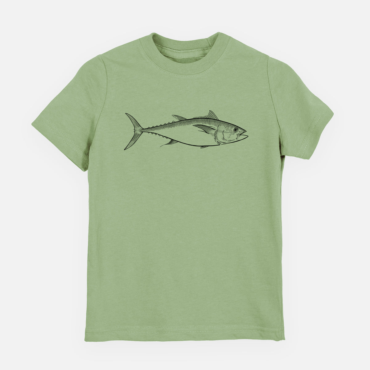 Sage green youth t-shirt laid flat, printed with a black ink line drawing of a bluefin tuna swimming.
