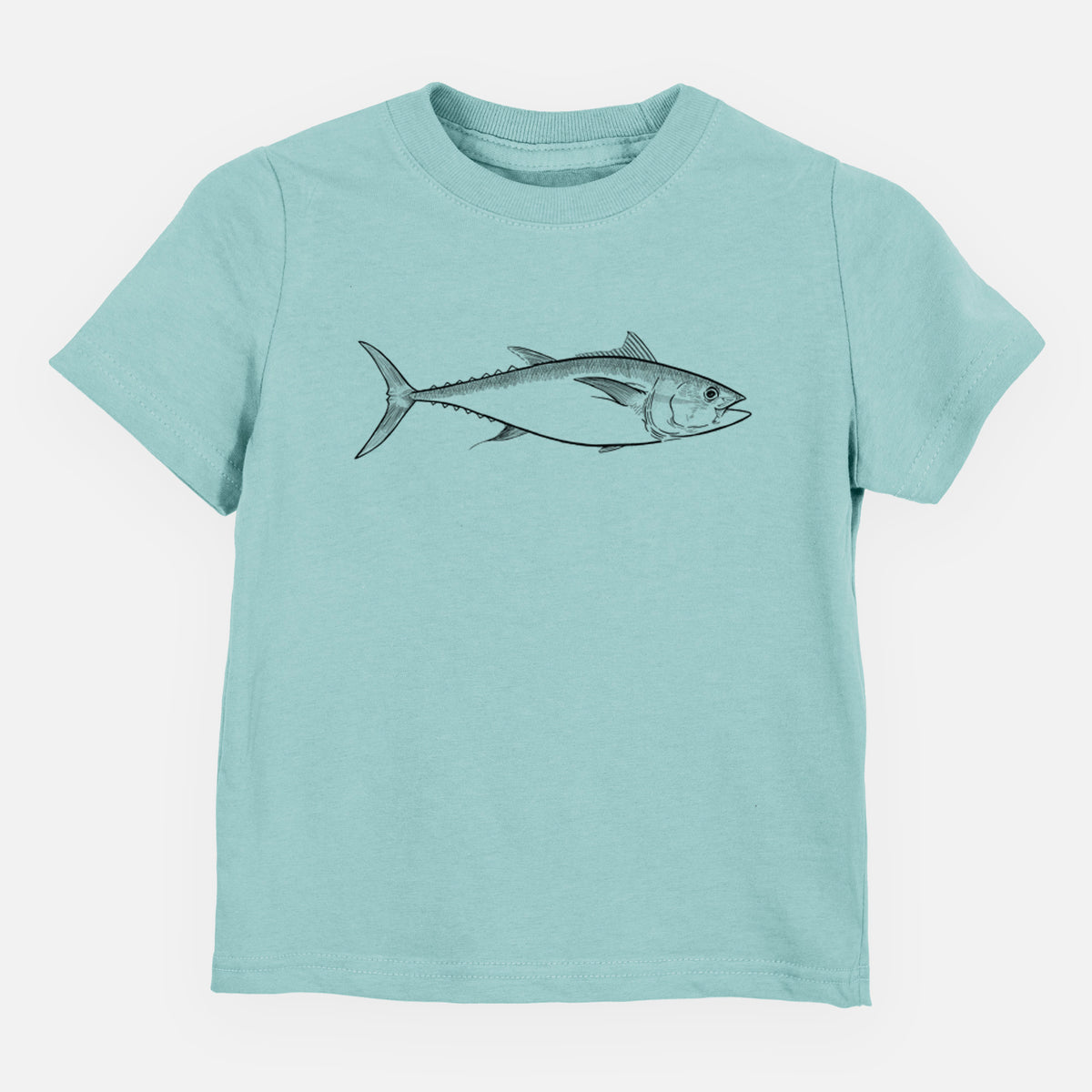 Saltwater toddler t-shirt laid flat, printed with a black ink line drawing of a bluefin tuna swimming.
