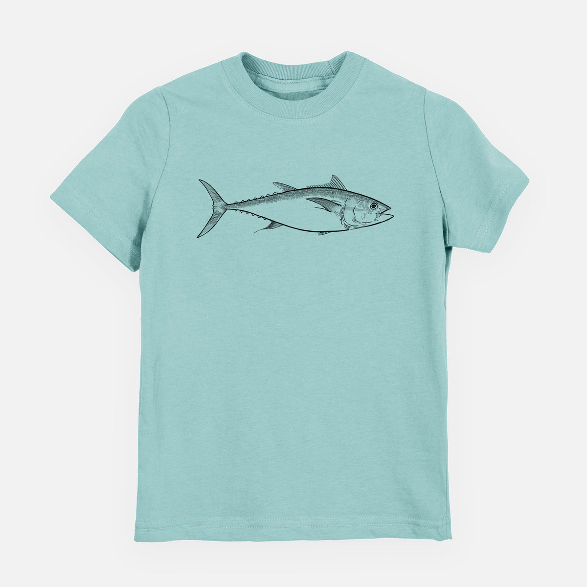 Saltwater youth t-shirt laid flat, printed with a black ink line drawing of a bluefin tuna swimming.