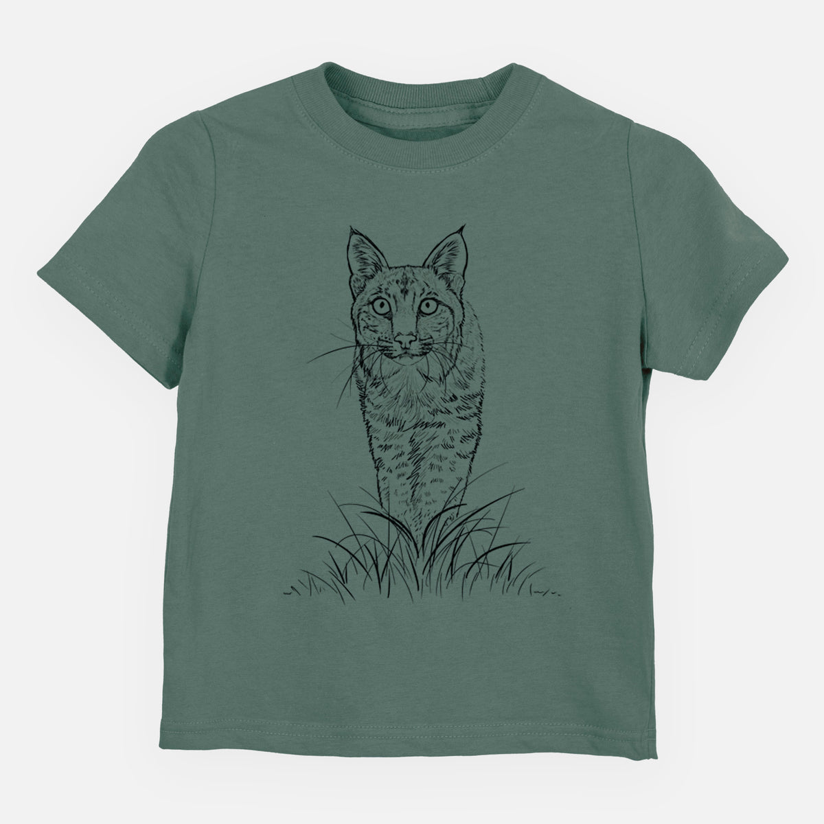 Basil green toddler t-shirt laid flat, printed with a black ink illustration of a bobcat standing in tall grass, facing forward.