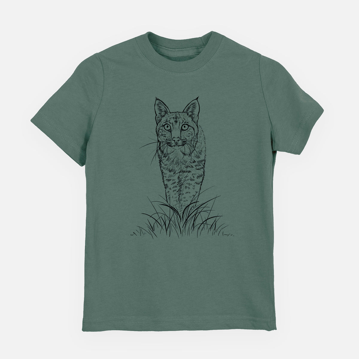 Basil green youth t-shirt laid flat, printed with a black ink illustration of a bobcat standing in tall grass, facing forward.