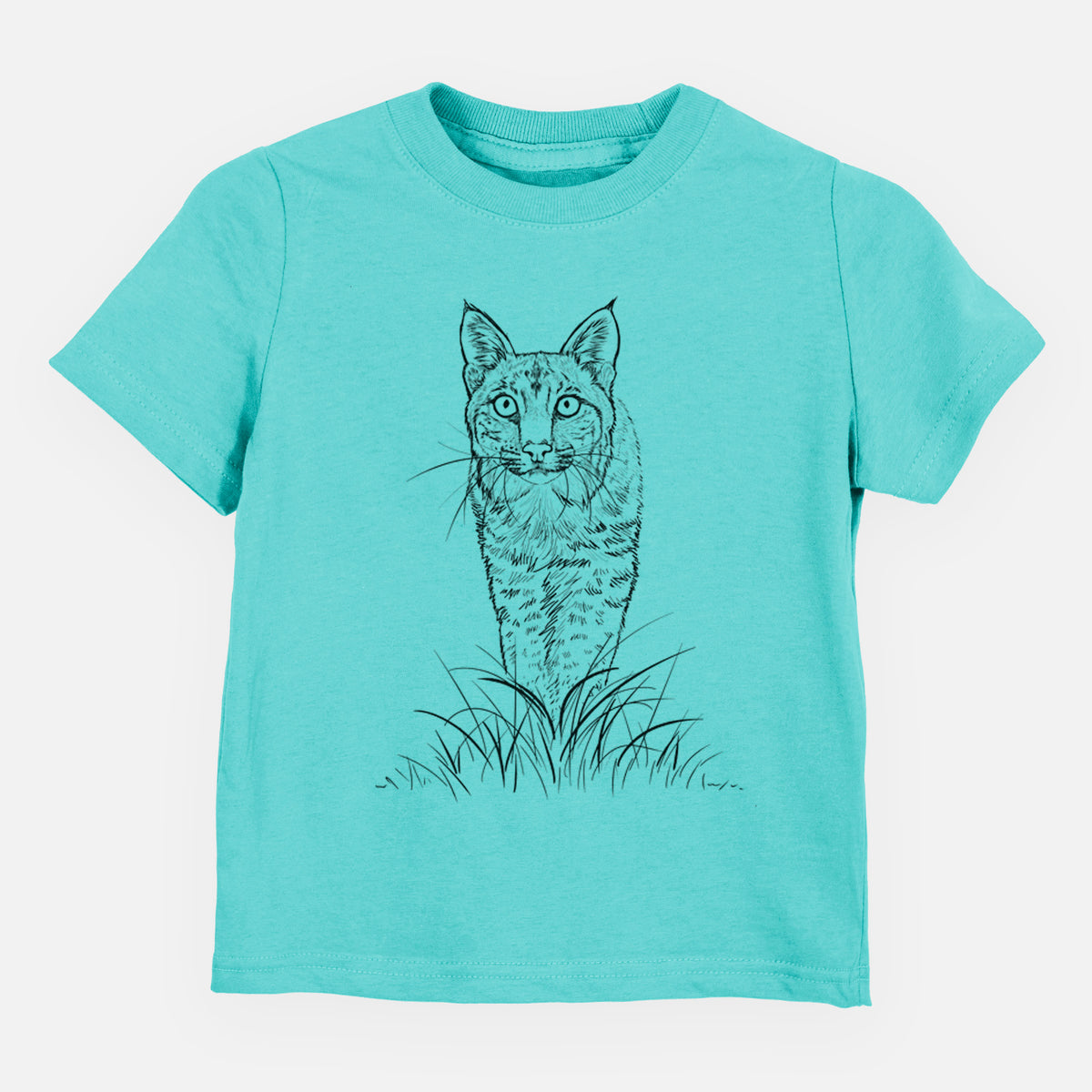 Caribbean blue toddler t-shirt laid flat, printed with a black ink illustration of a bobcat standing in tall grass, facing forward.