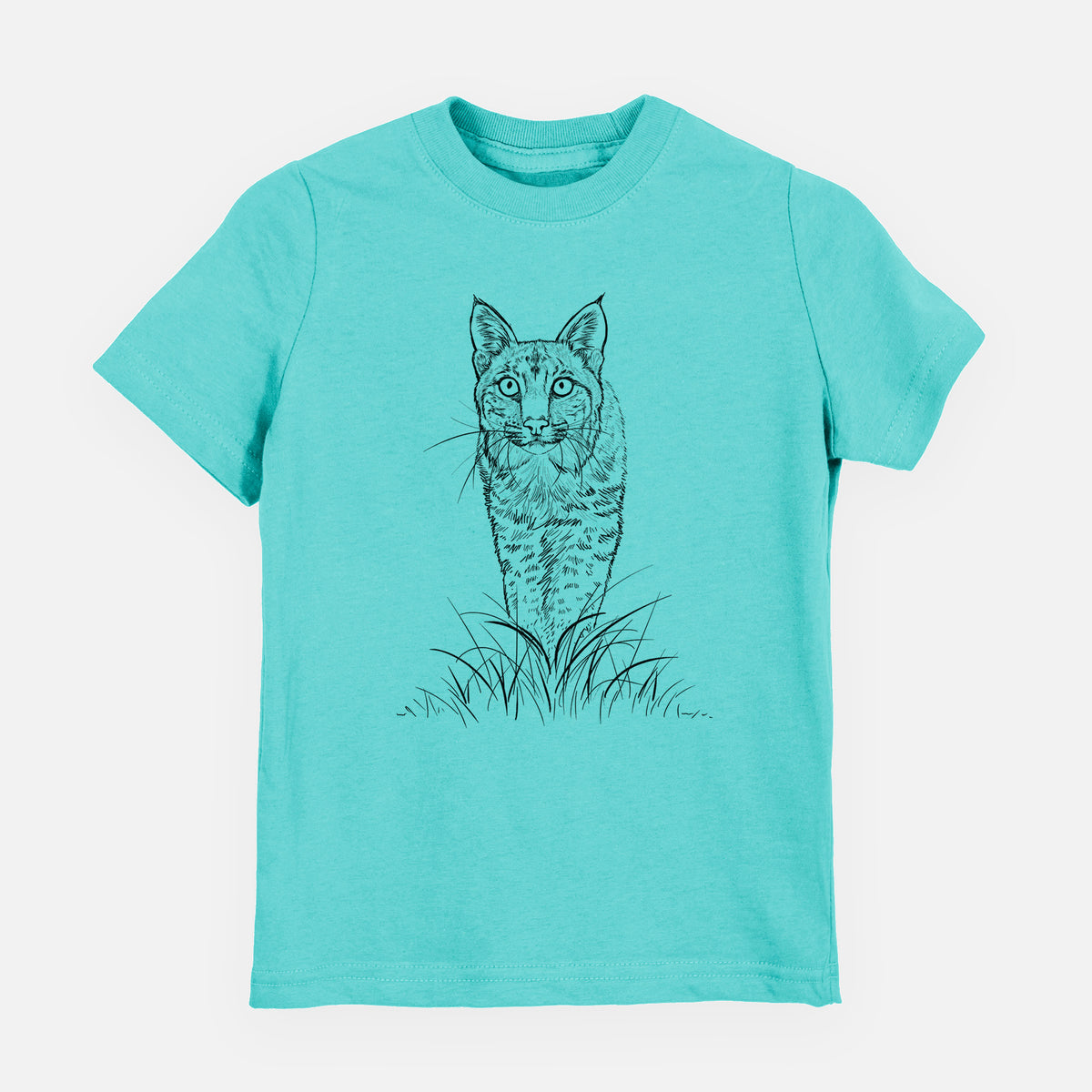 Caribbean blue youth t-shirt laid flat, printed with a black ink illustration of a bobcat standing in tall grass, facing forward.