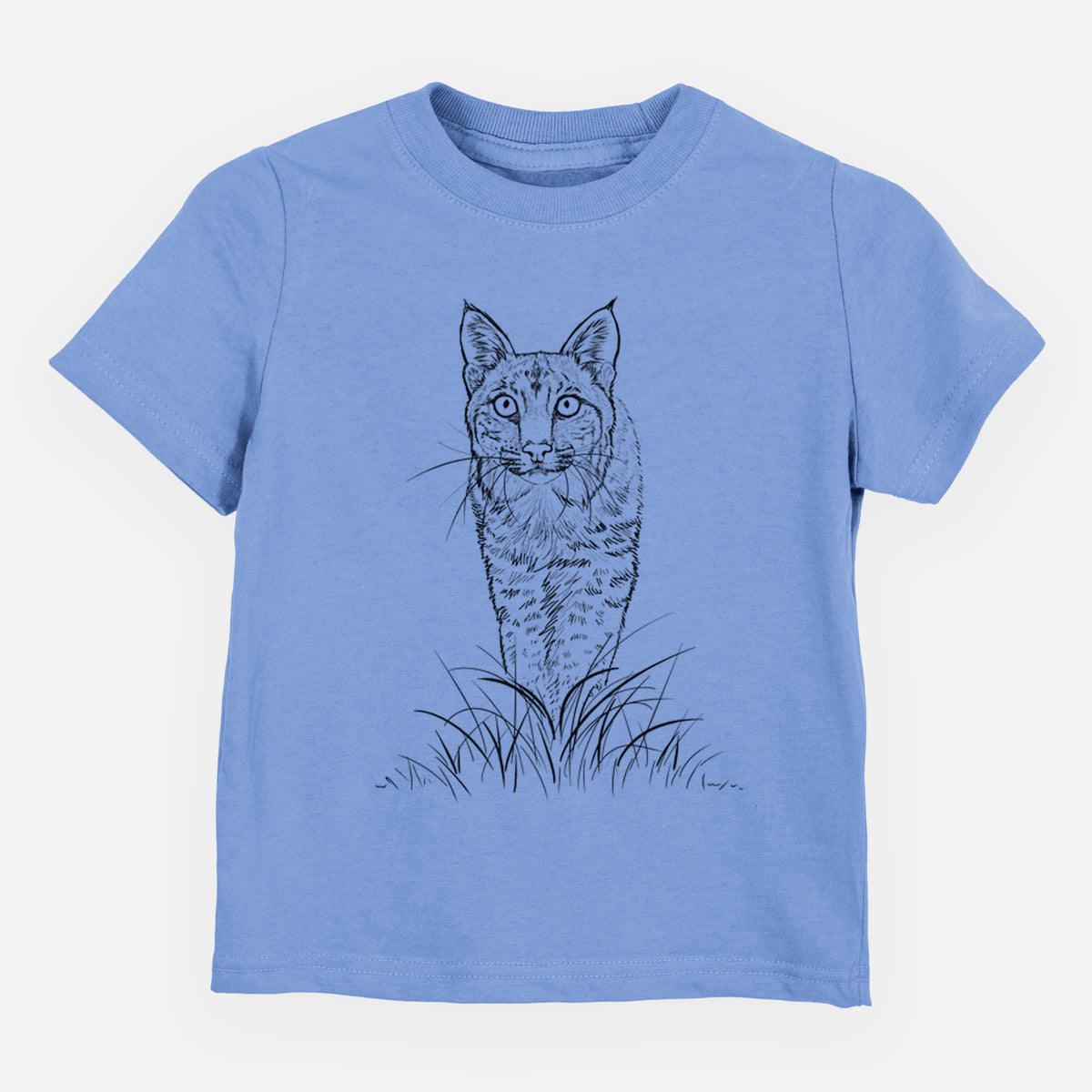 Carolina blue toddler t-shirt laid flat, printed with a black ink illustration of a bobcat standing in tall grass, facing forward.