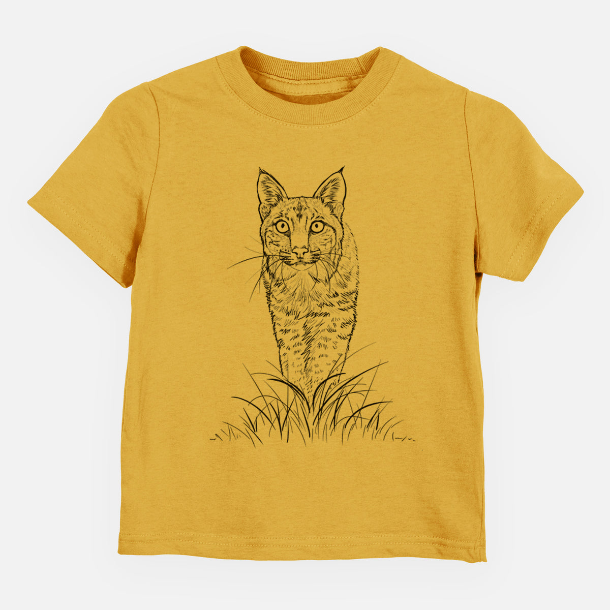Honeycomb yellow toddler t-shirt laid flat, printed with a black ink illustration of a bobcat standing in tall grass, facing forward.