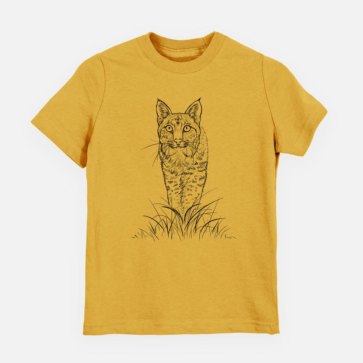 Honeycomb yellow youth t-shirt laid flat, printed with a black ink illustration of a bobcat standing in tall grass, facing forward.