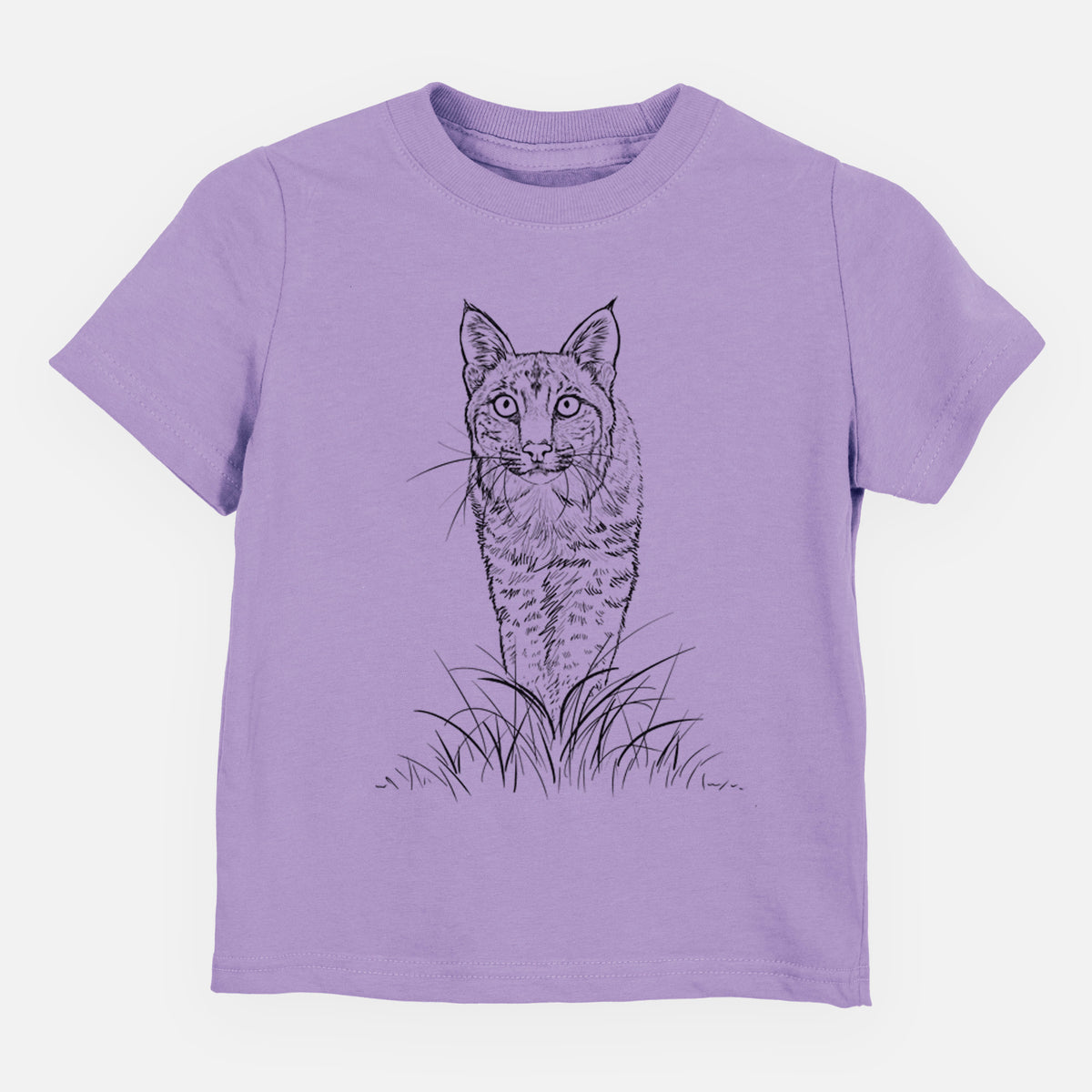 Lavender toddler t-shirt laid flat, printed with a black ink illustration of a bobcat standing in tall grass, facing forward.