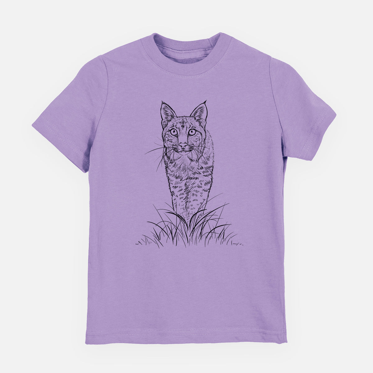 Lavender youth t-shirt laid flat, printed with a black ink illustration of a bobcat standing in tall grass, facing forward.